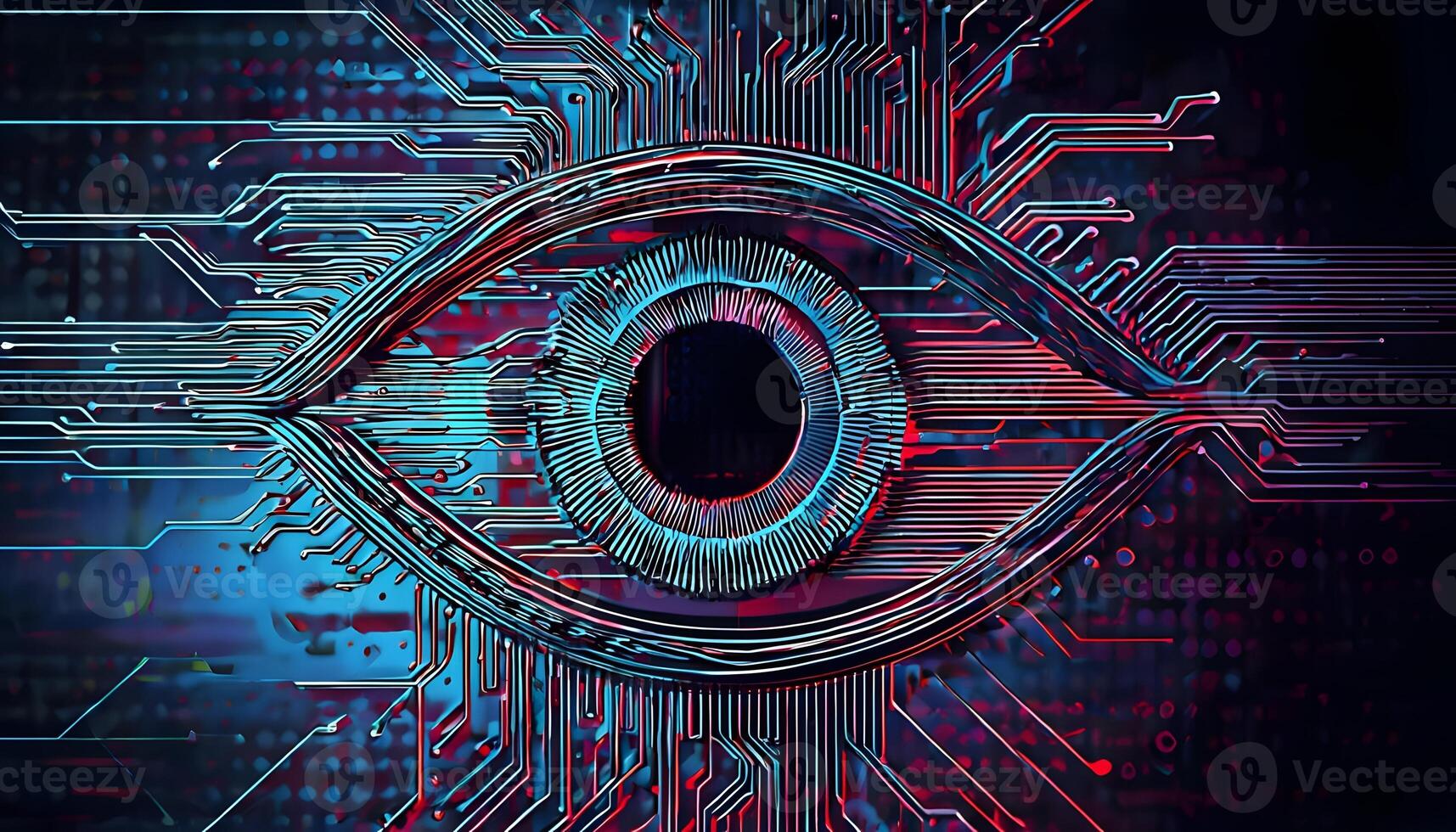 An eye is shown on a circuit board photo