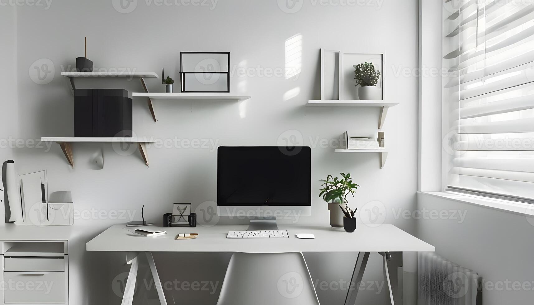A white desk with a computer and a chair photo