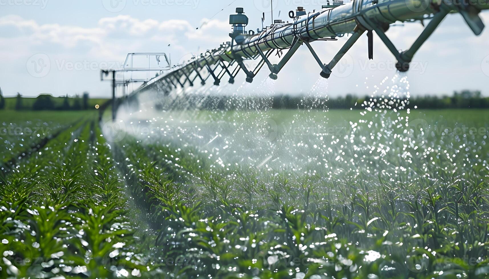 An irrigation system is spraying water over a field photo