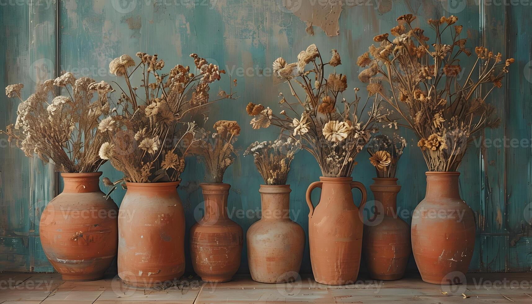 A row of old vases with dried flowers photo