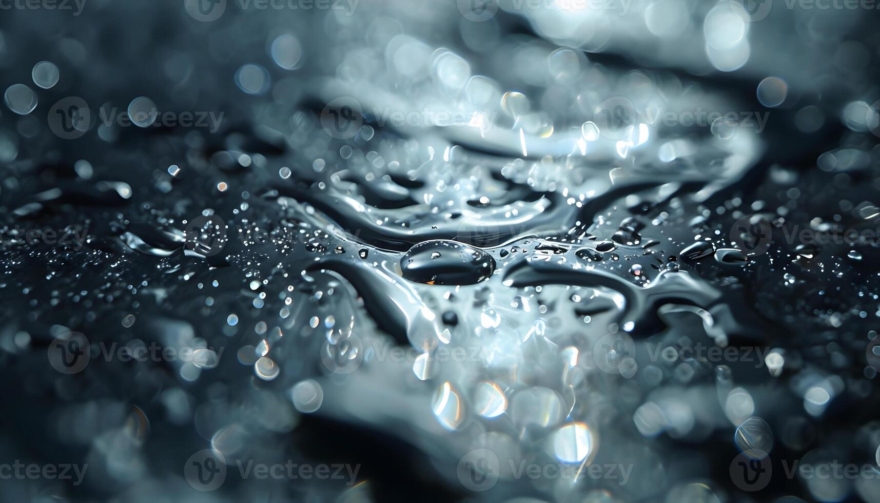 Water drops on a black surface with a blue background photo