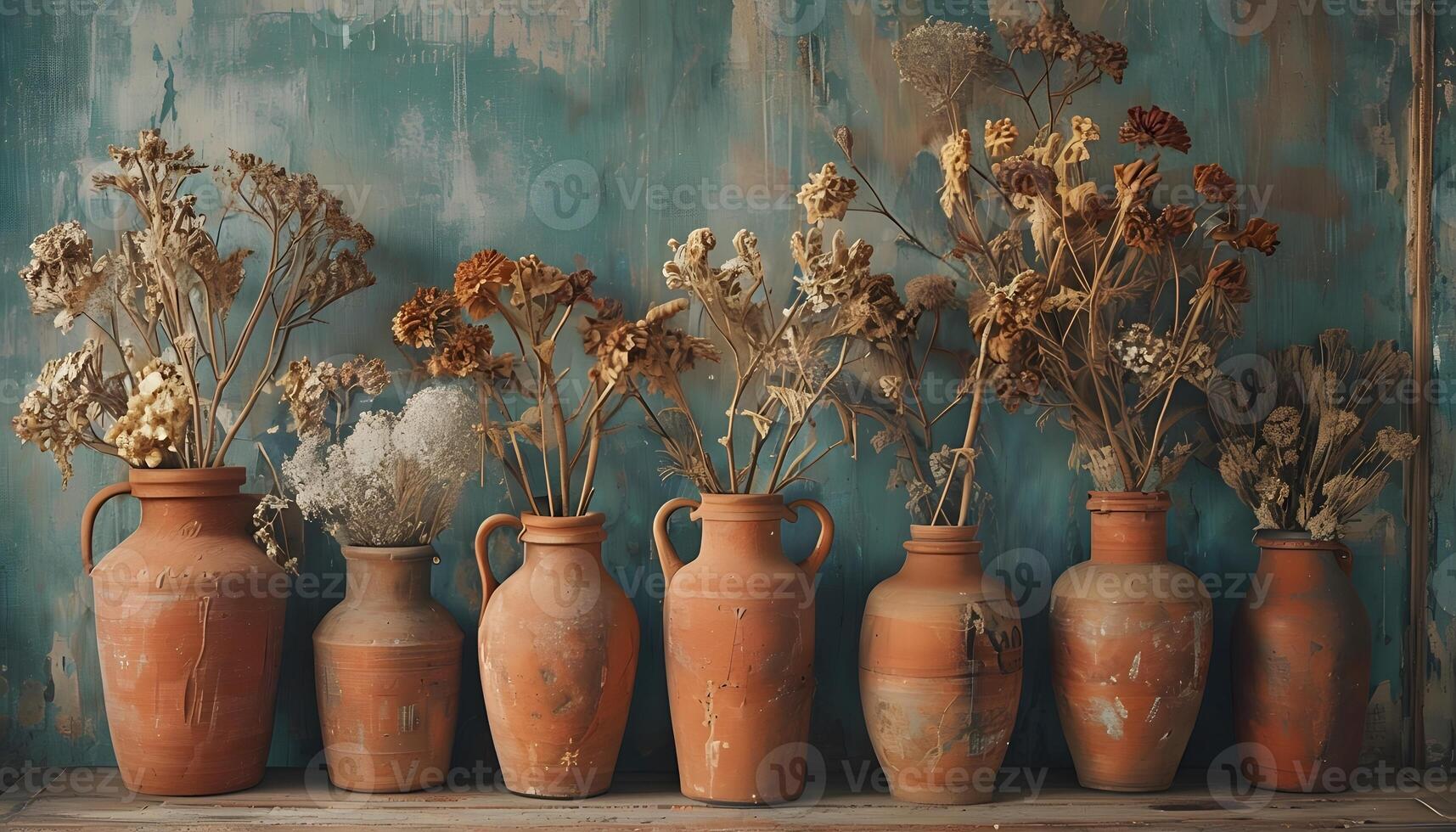 A row of old clay vases with dried flowers photo