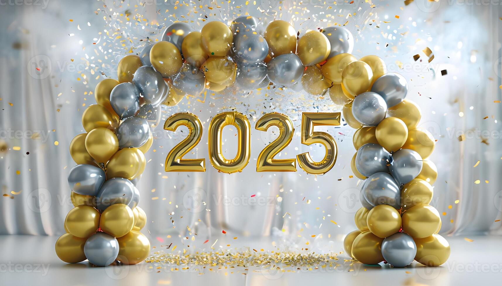 New year 2020 with gold and silver balloons and confetti photo