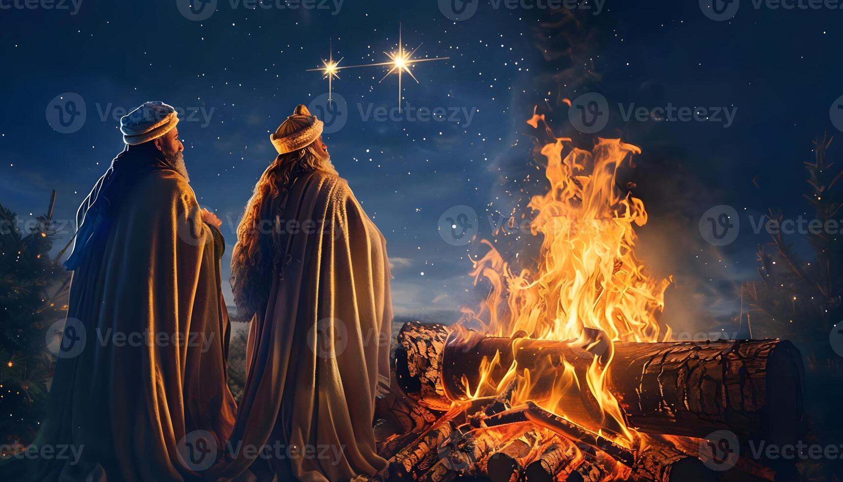 Three wise men standing near a fire with stars photo