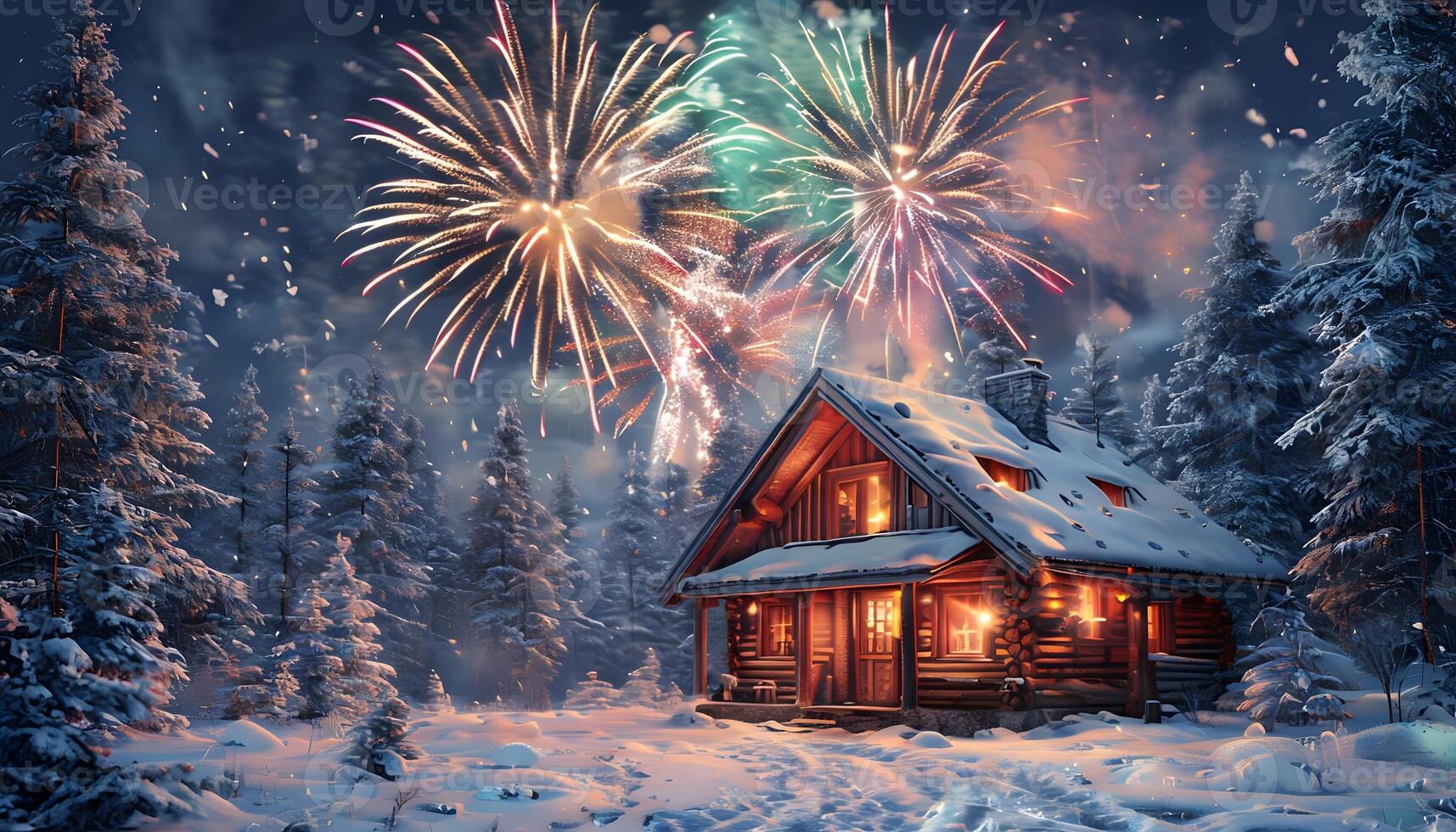 Fireworks in the sky over a cabin in the snow photo