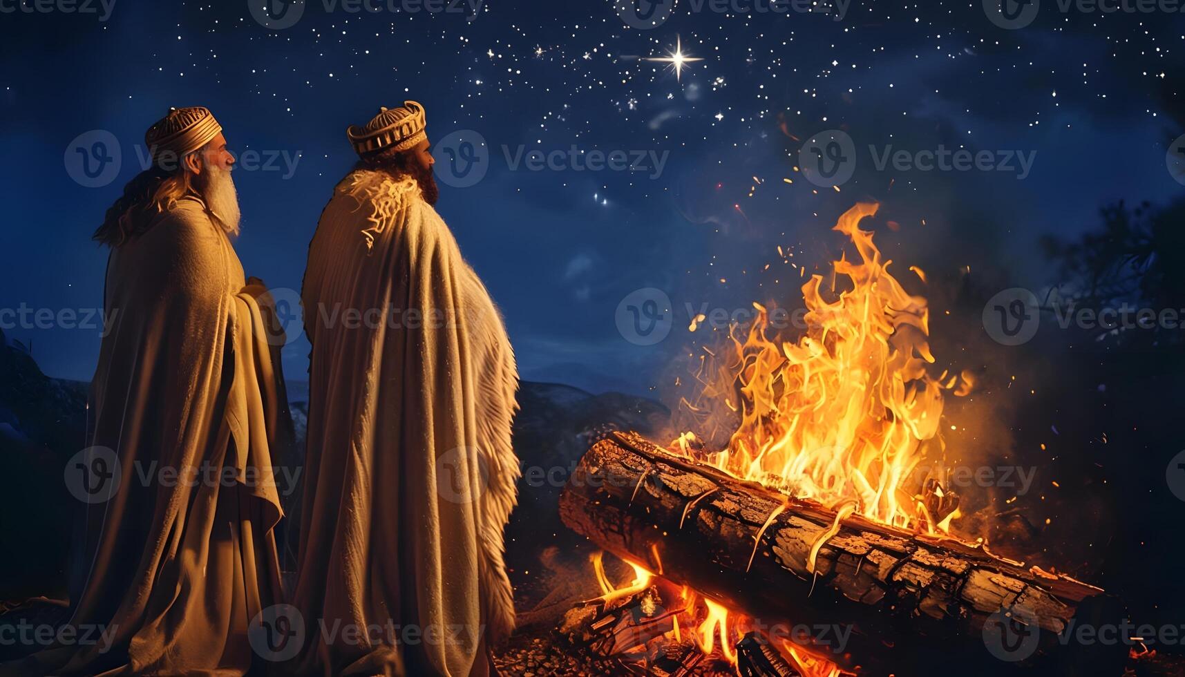 Two men in robes standing near a fire photo