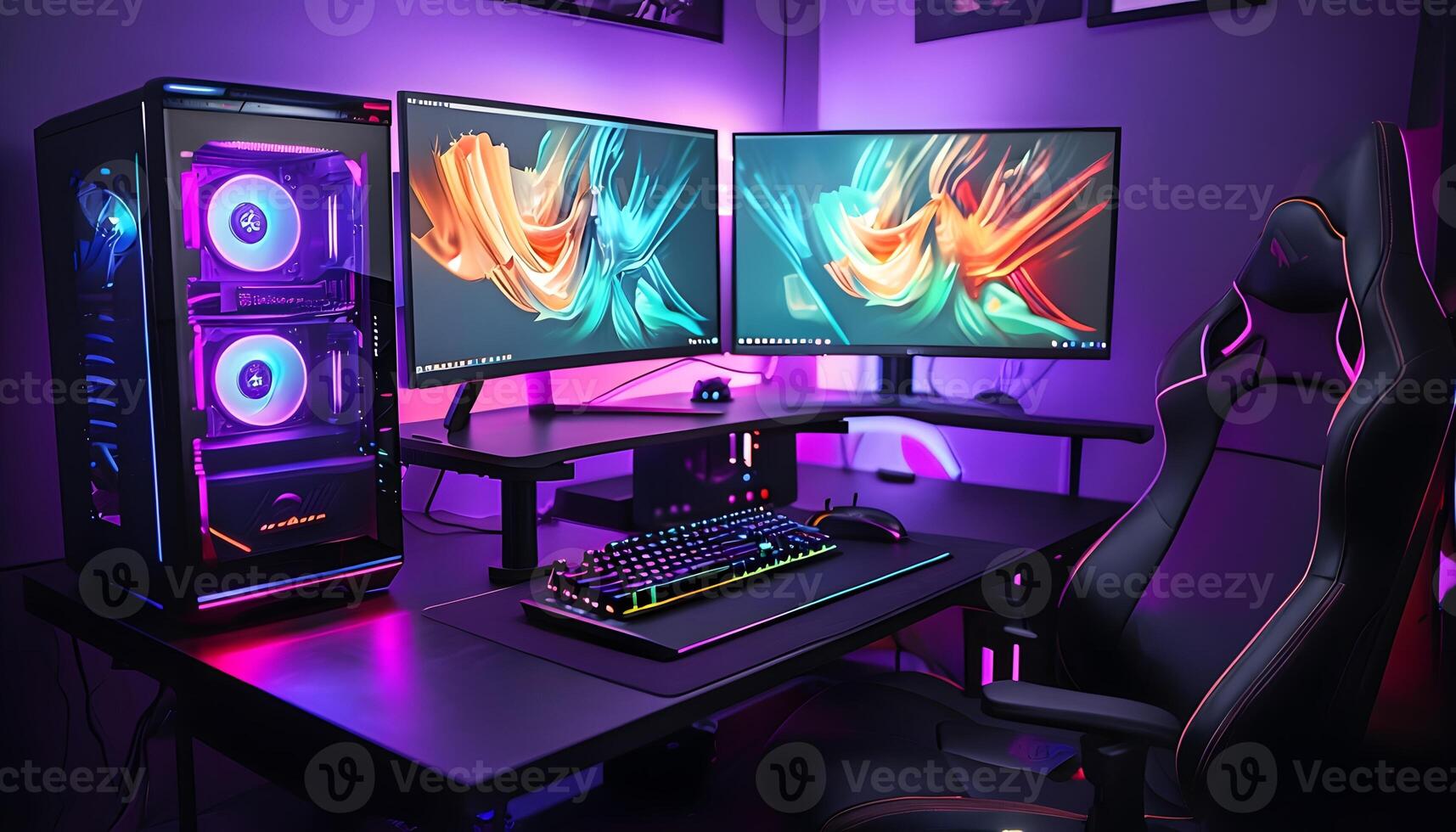 A computer desk with two monitors and a keyboard photo