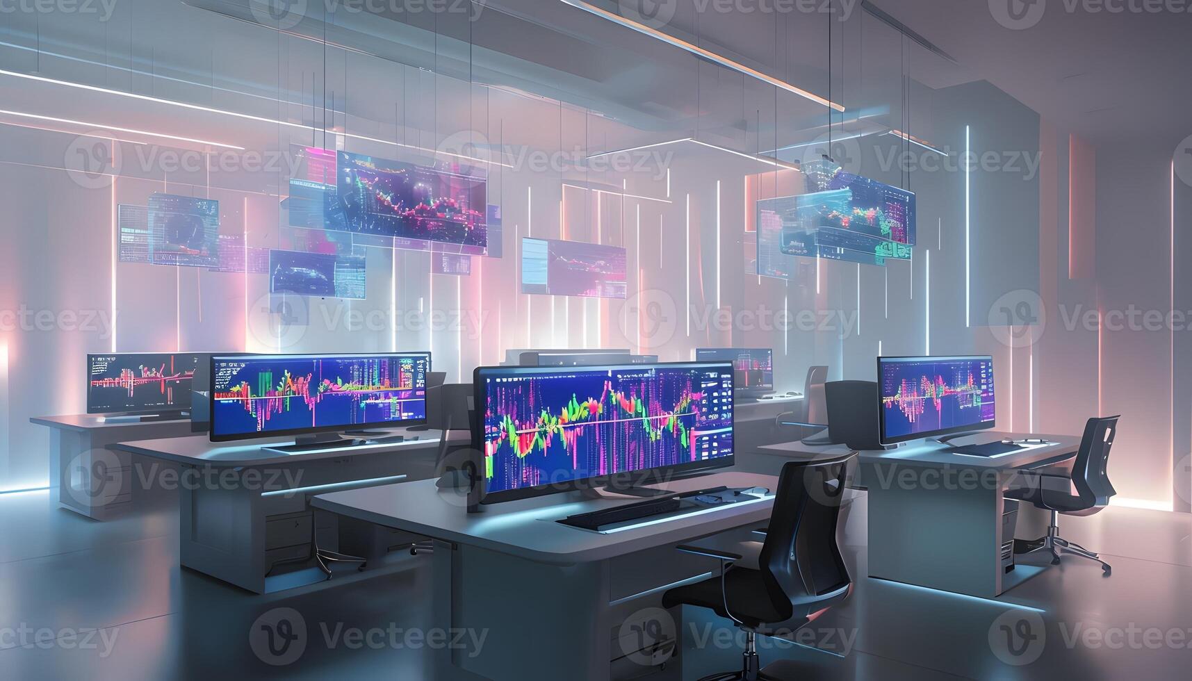 A room with multiple computer screens and monitors photo