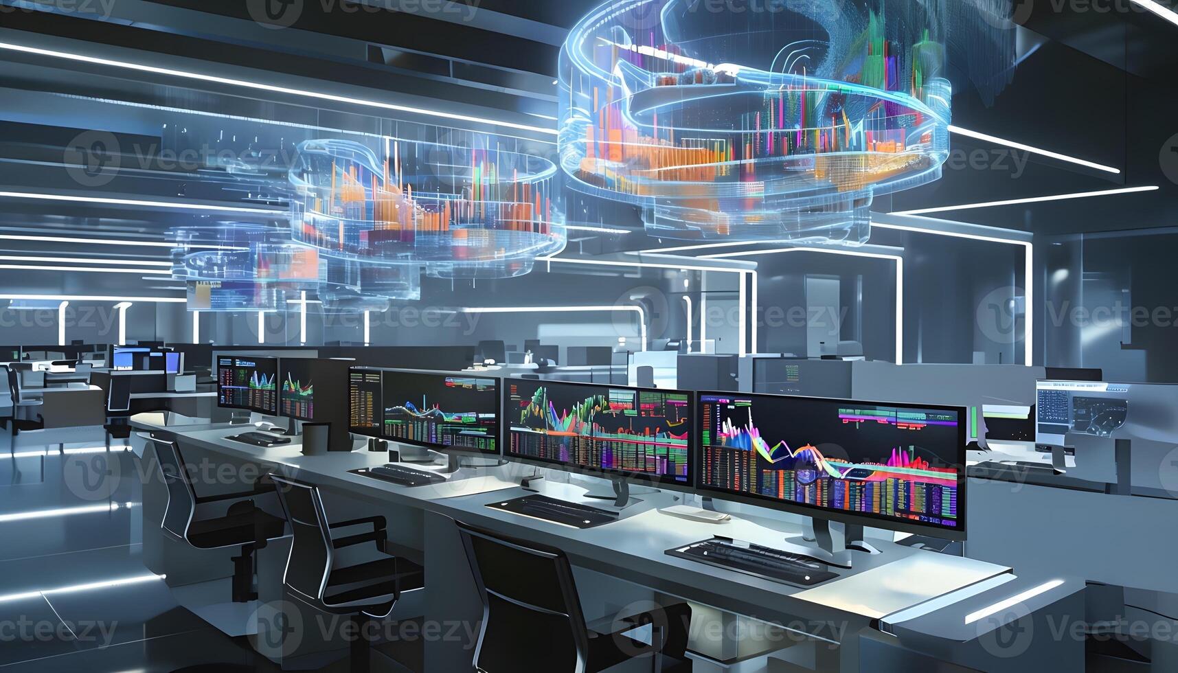 A room with multiple computer monitors and a large screen photo