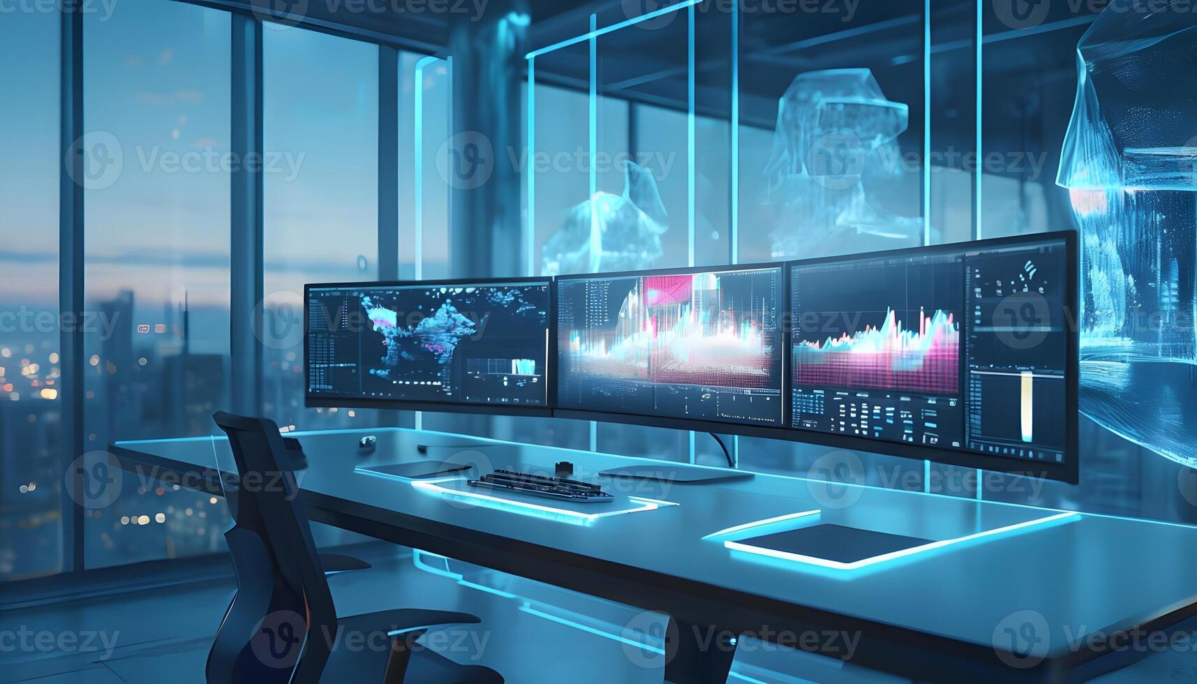 A computer monitor with a city view on it photo