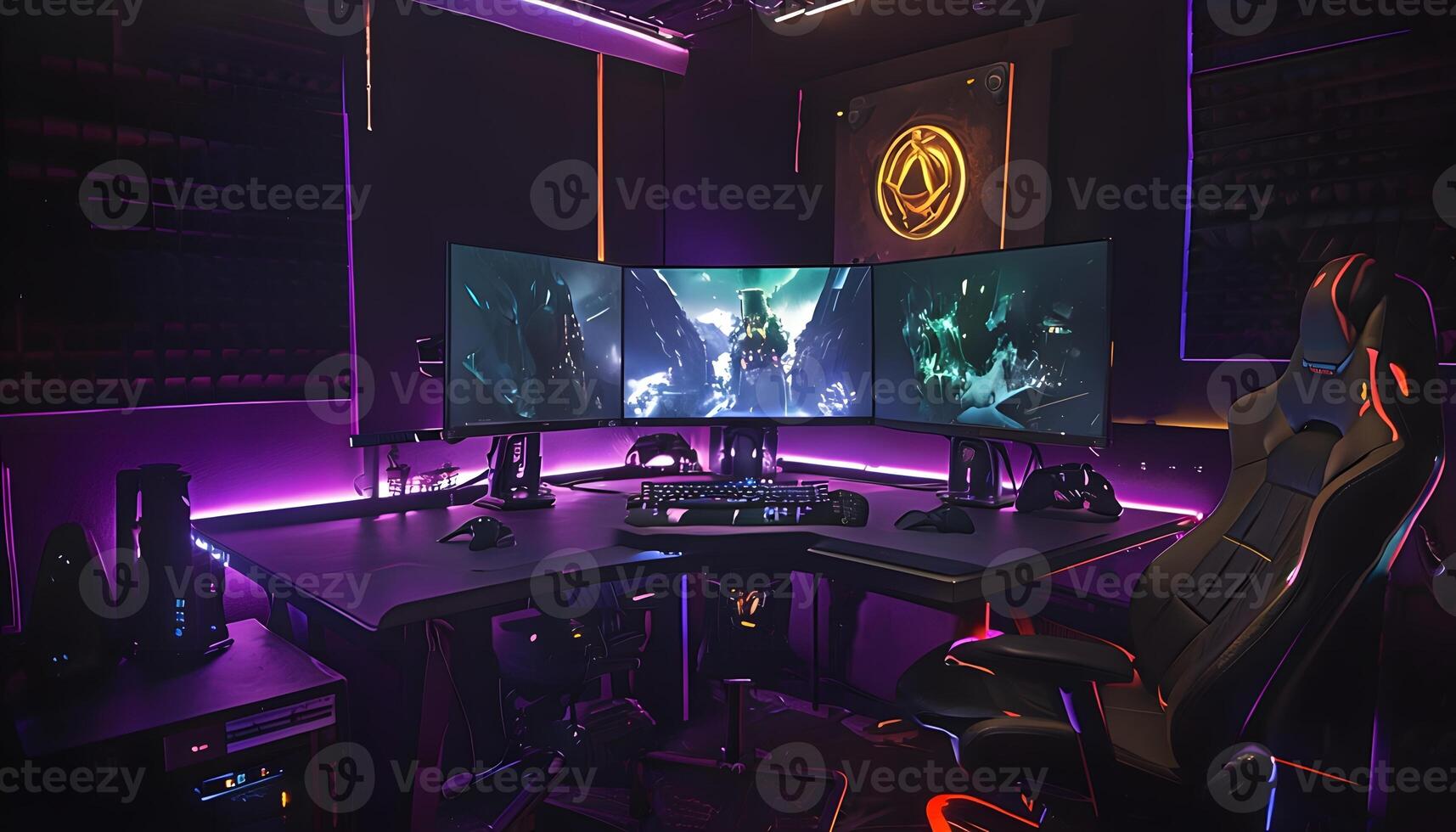 A gaming room with a desk and two monitors photo