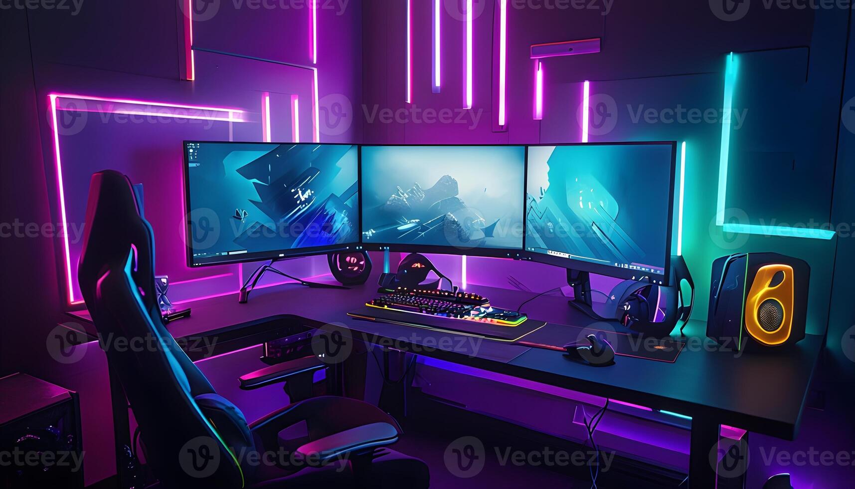 A computer desk with three monitors and a chair photo
