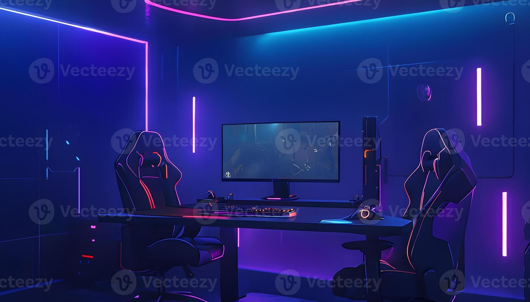 A computer room with a desk and two chairs photo