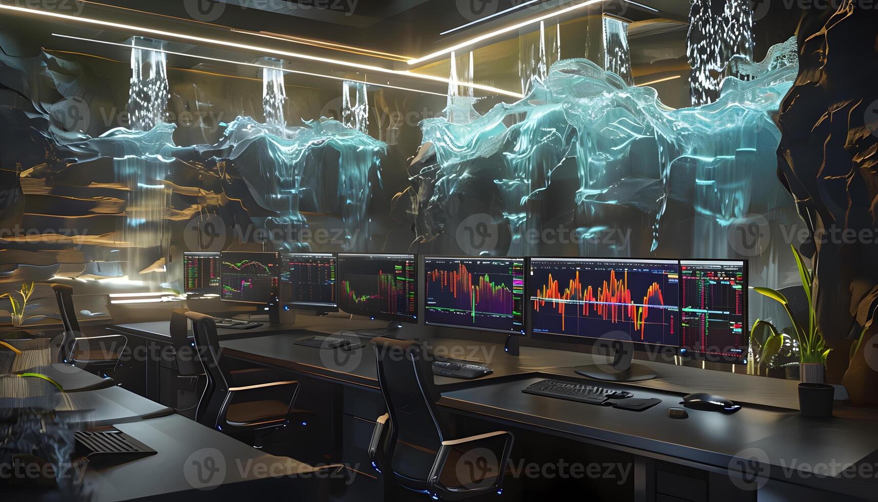 A room with multiple computer monitors and a waterfall photo