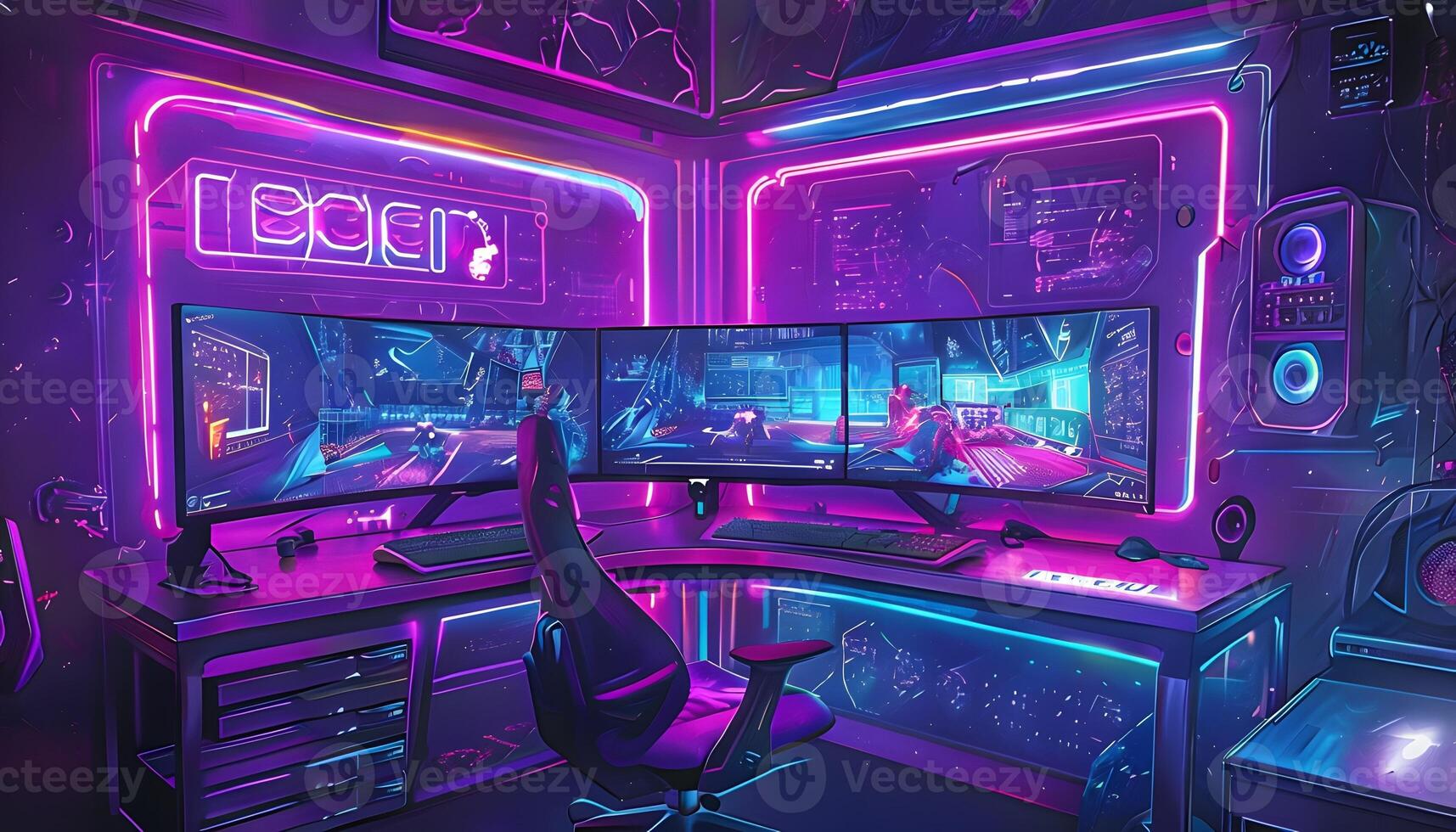 A computer room with three monitors and a chair photo