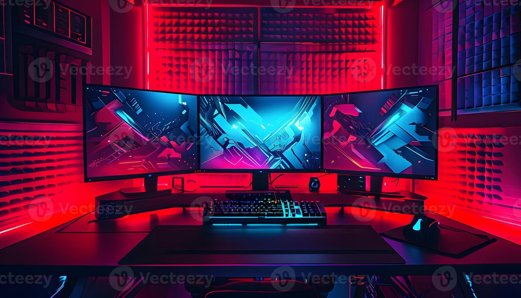 A computer desk with three monitors and a red light photo