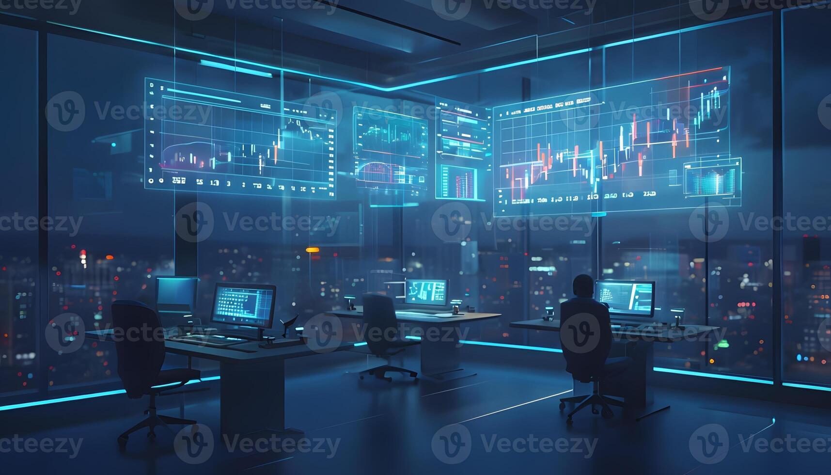 Two people sitting at computers in front of a large window photo
