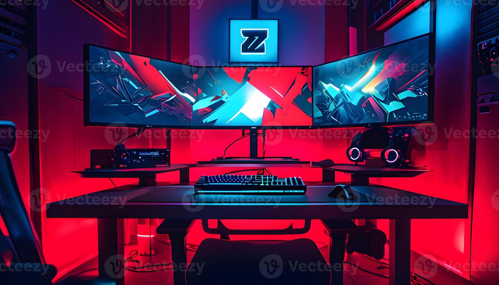 A computer desk with three monitors and a keyboard photo