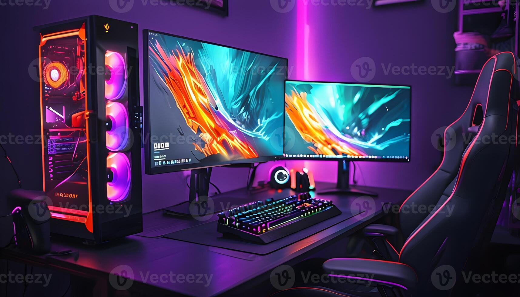 A gaming computer with two monitors and a keyboard photo
