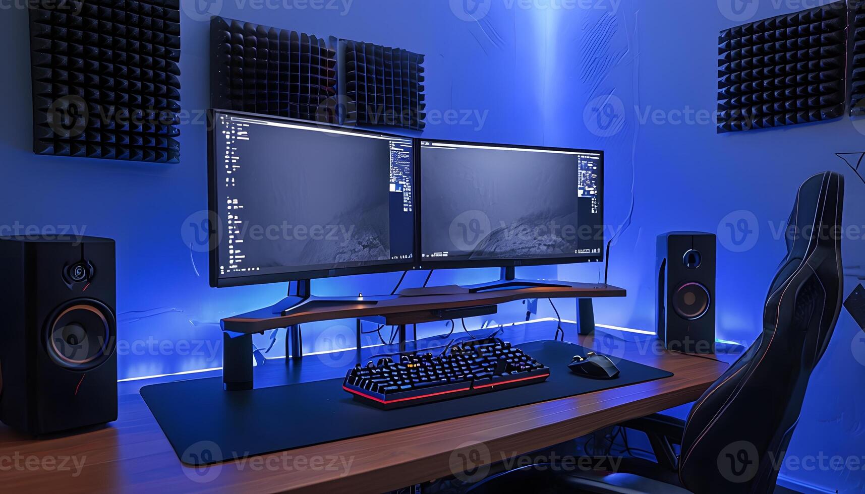 A computer desk with two monitors and a keyboard photo