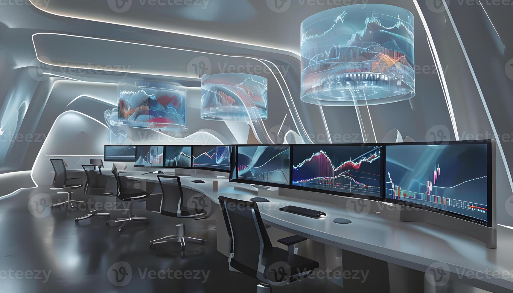 A room with multiple monitors and chairs photo