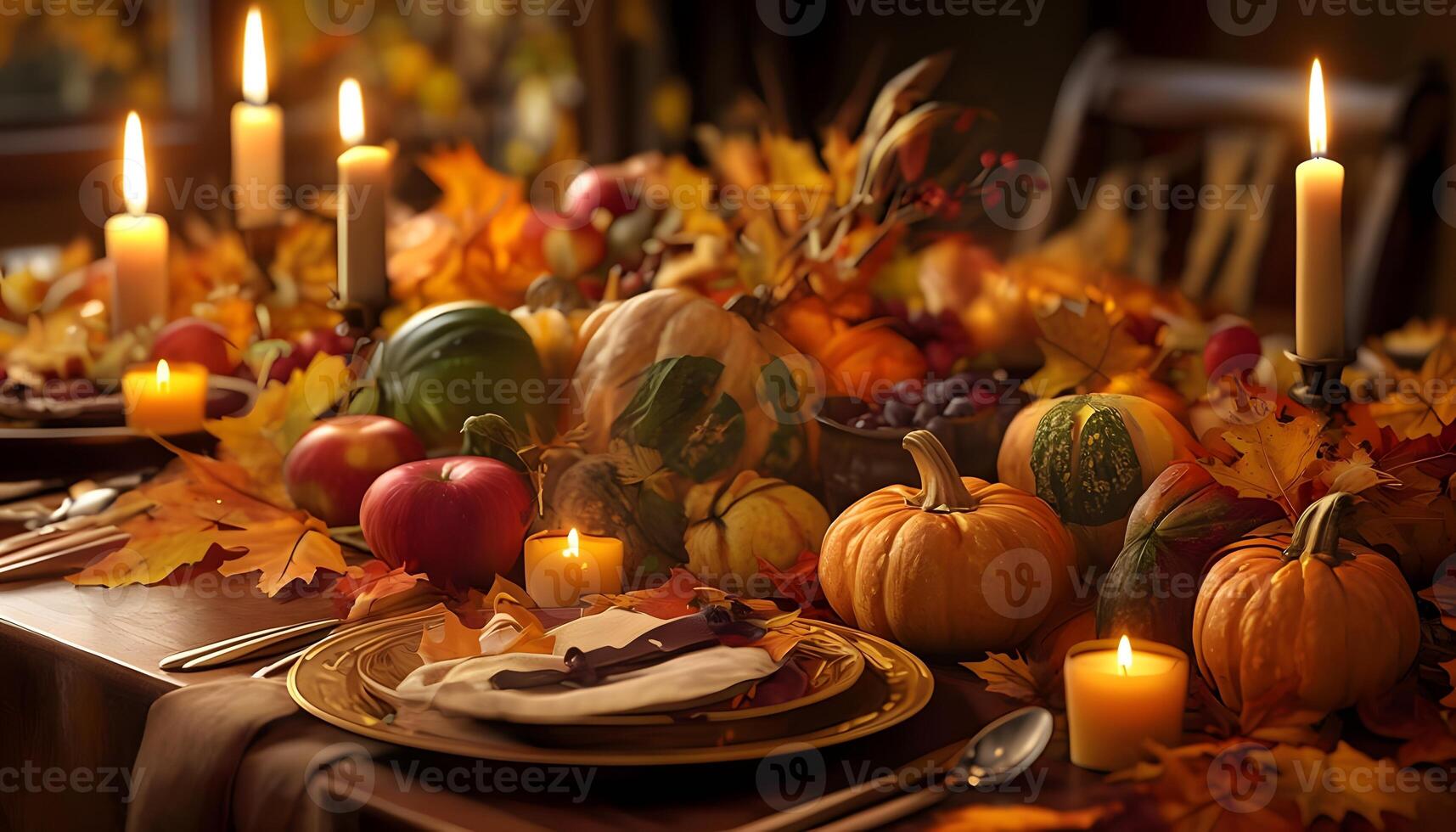 A table set for thanksgiving with candles and pumpkins photo