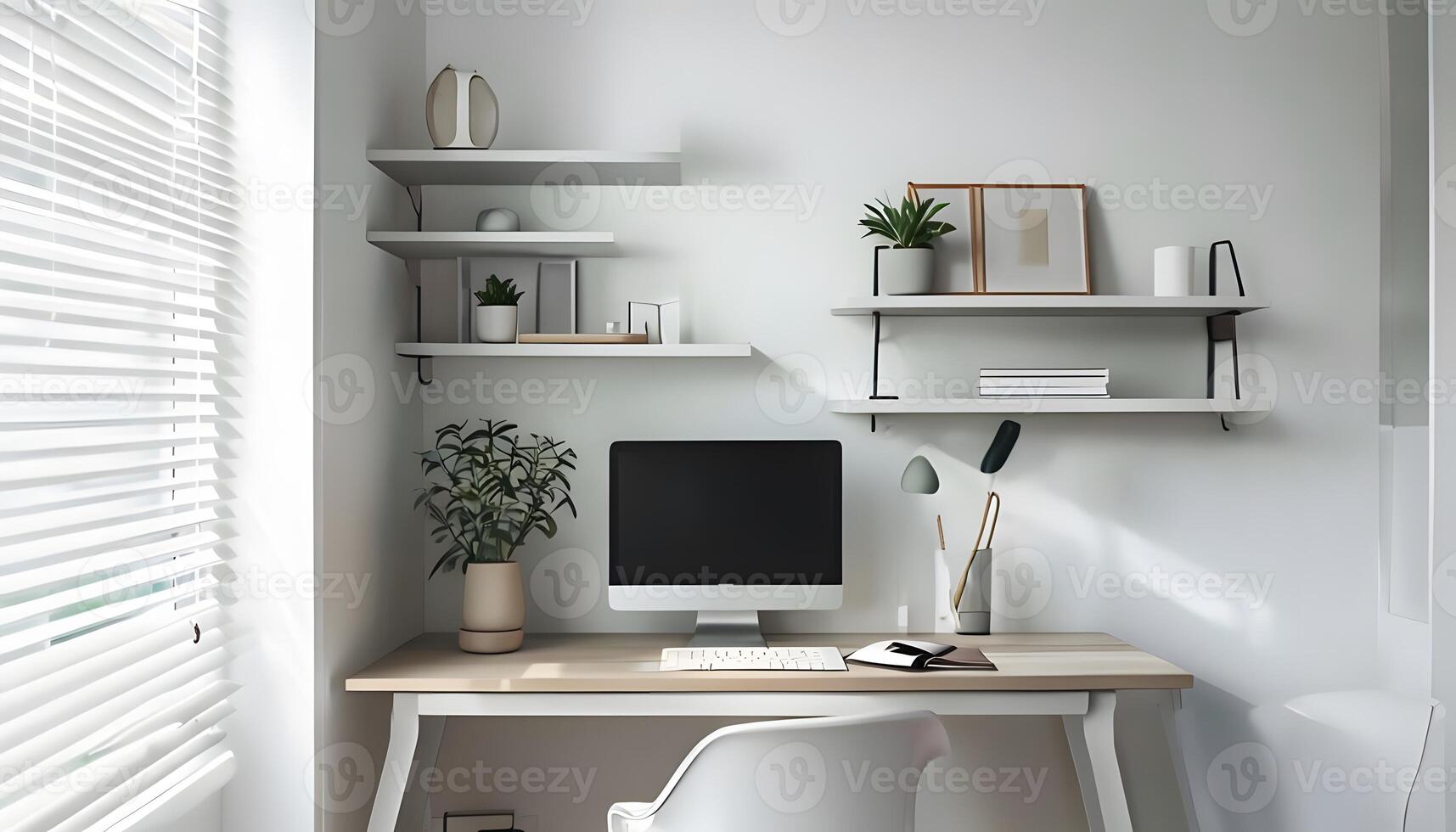 A white desk with a computer and a chair photo