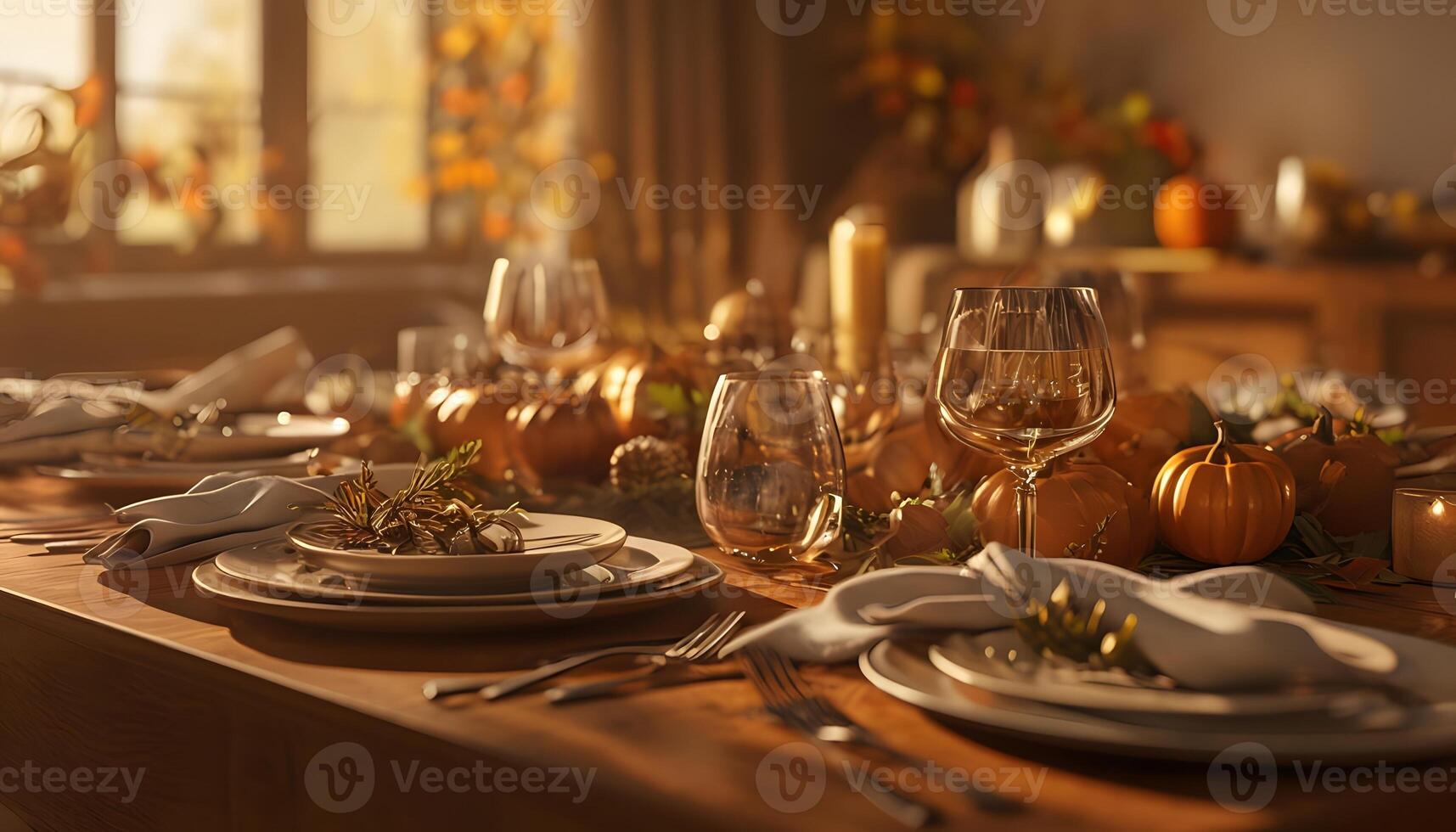A table set for thanksgiving with pumpkins and other decorations photo
