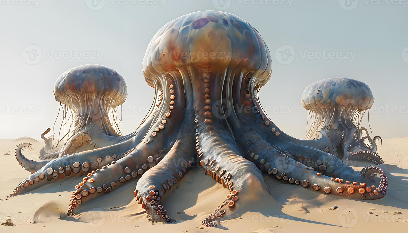 Three octopus tentacles are sitting on top of sand photo