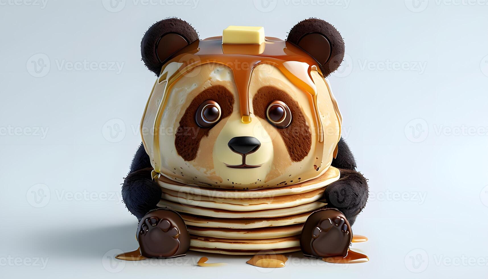 A panda bear is sitting on a stack of pancakes photo