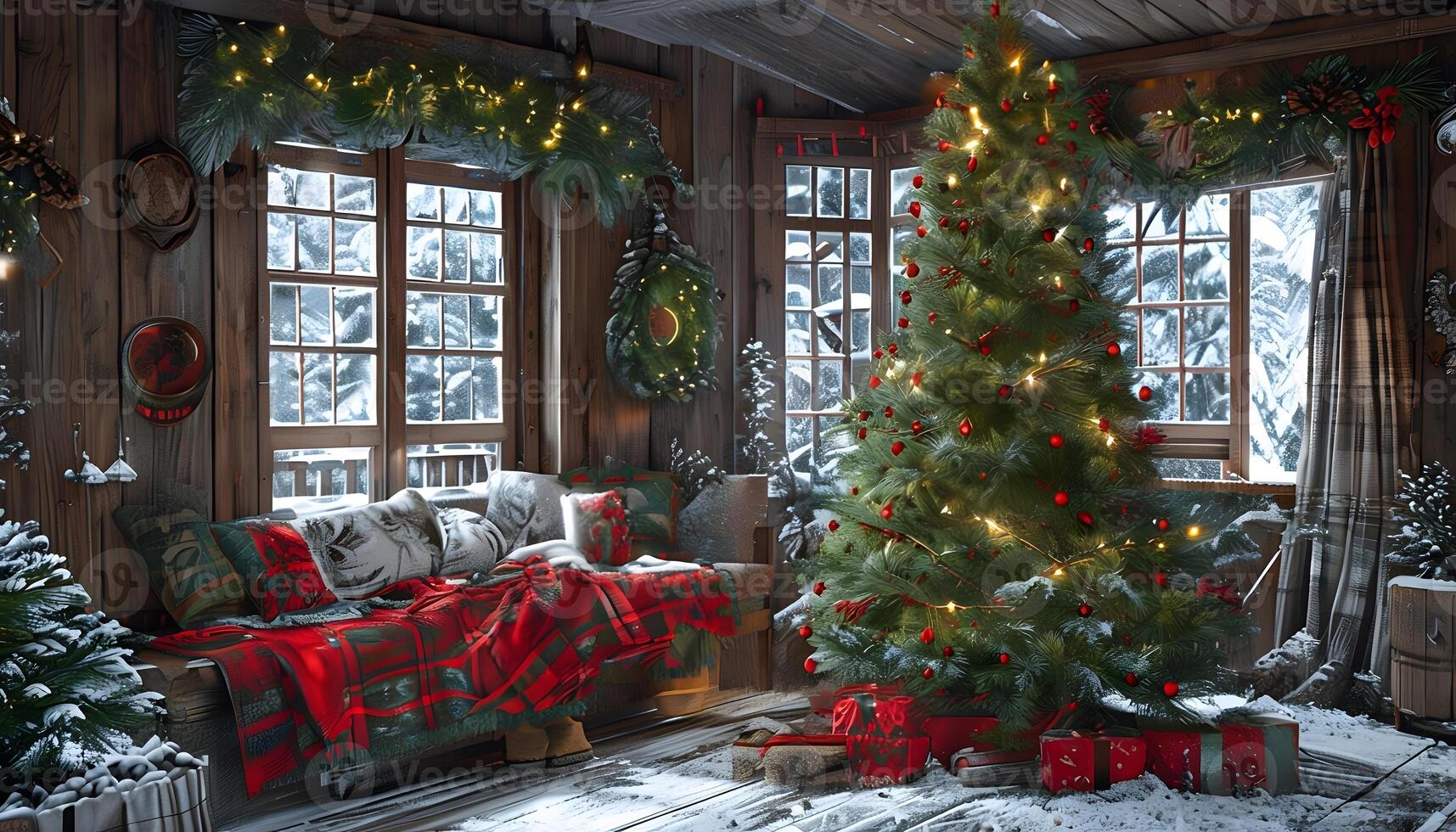 A christmas tree is in a room with a couch and a fireplace photo
