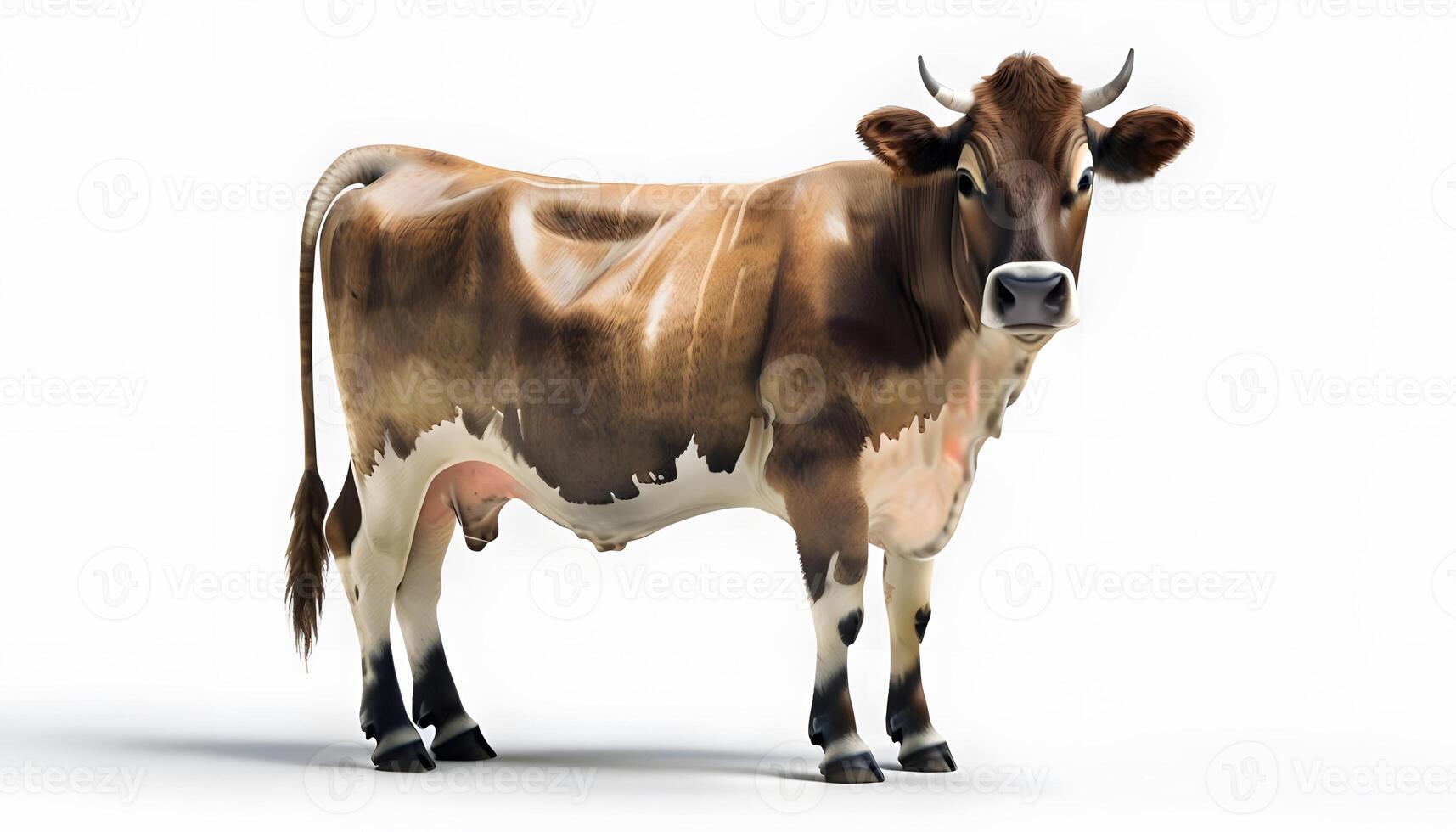 A cow is standing in front of a white background photo