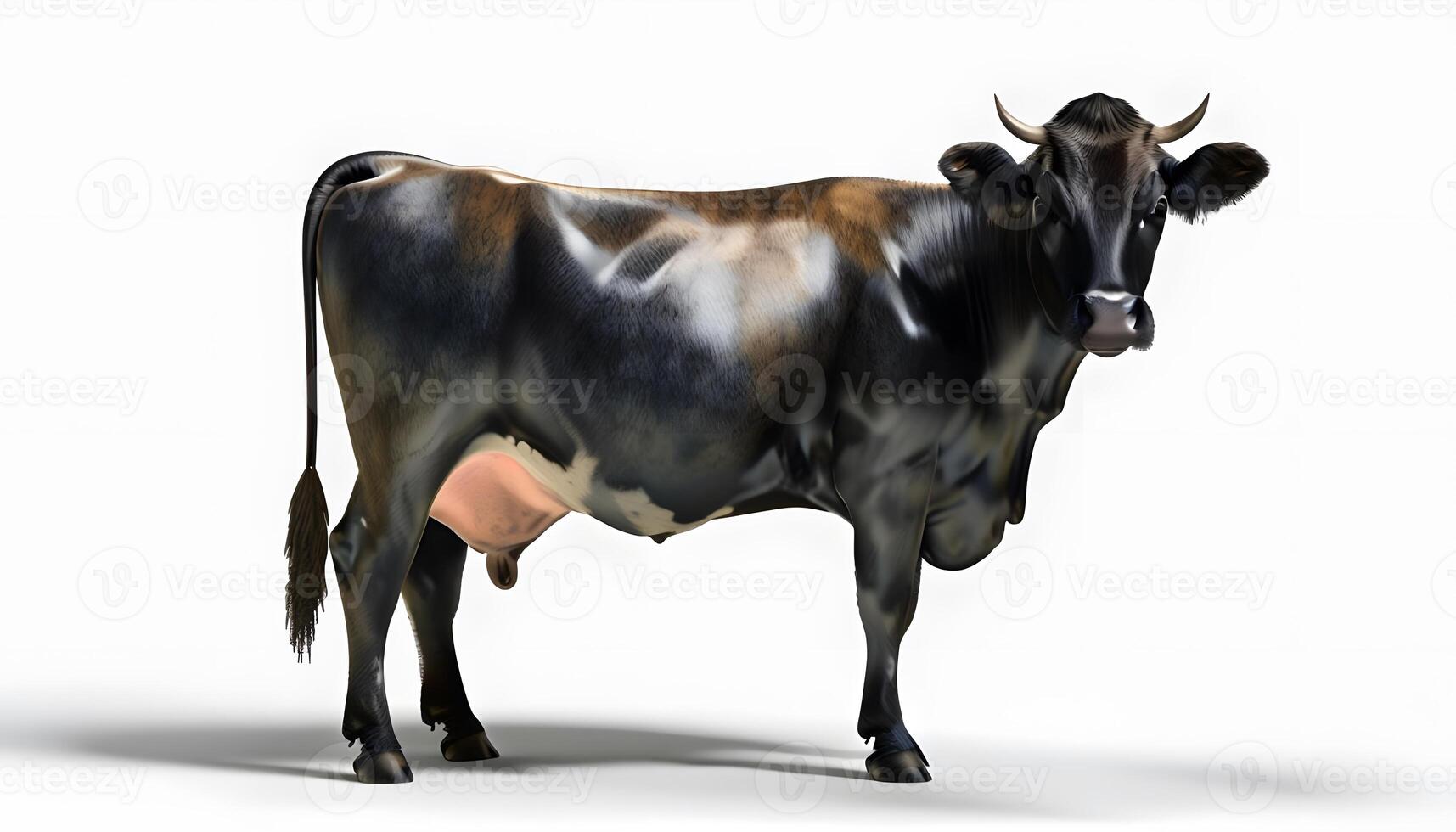A cow is standing in front of a white background photo