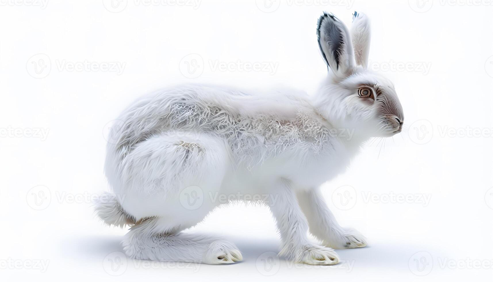 A white rabbit is standing on its hind legs photo
