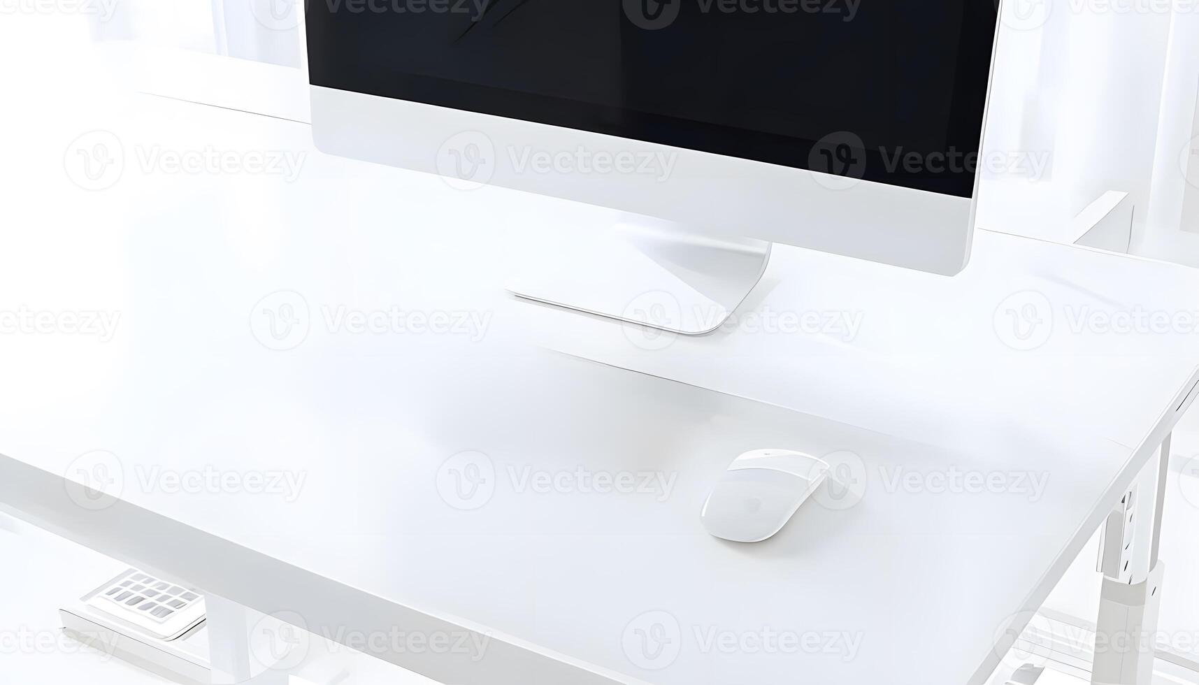 A white computer monitor on a desk in front of a window photo