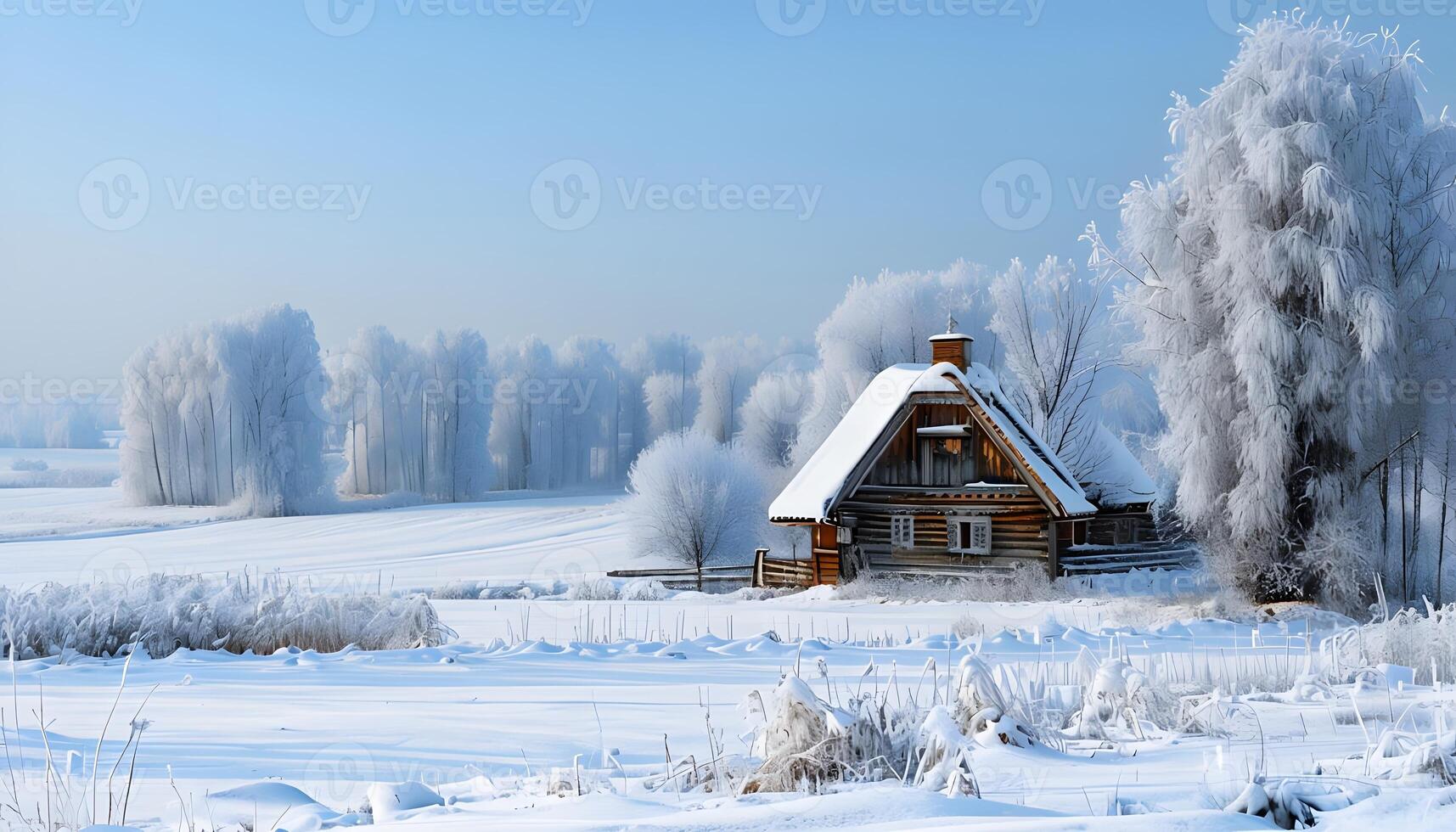 A small cabin in the snow with trees photo