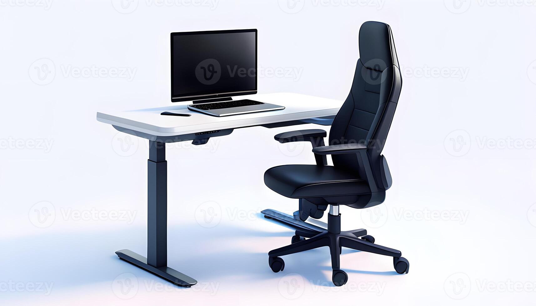A computer desk with a chair and a monitor photo
