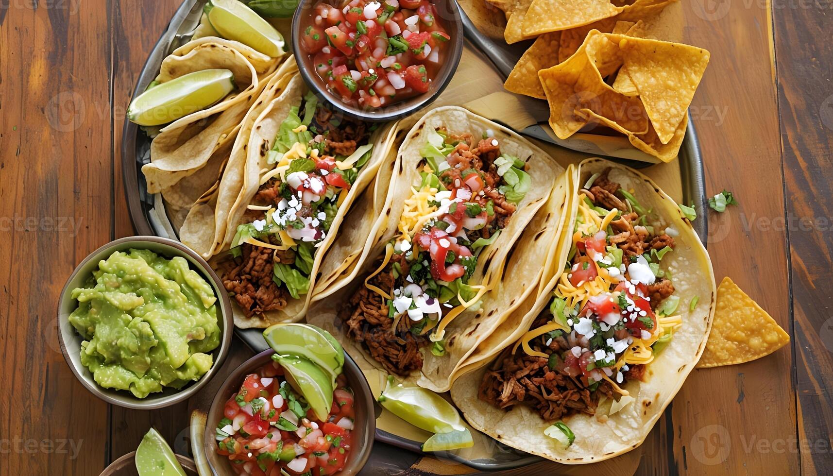 Three tacos with meat, cheese and salsa on a wooden table photo