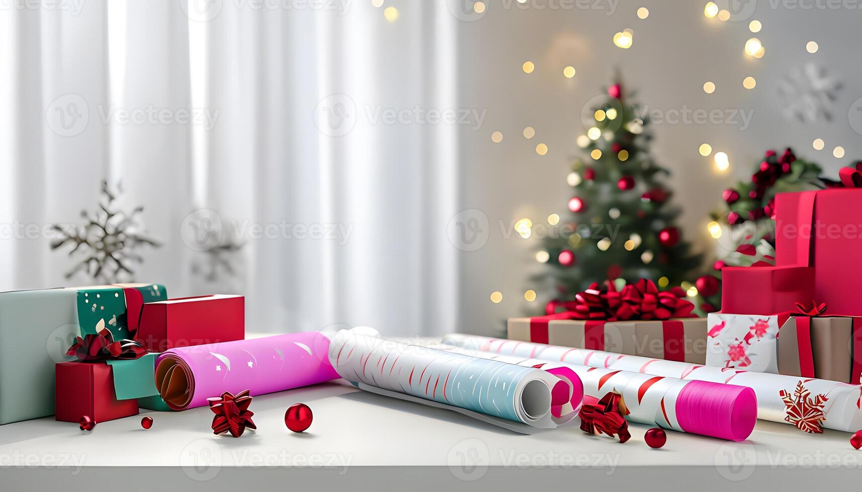 Christmas wrapping paper and gifts on a table photo