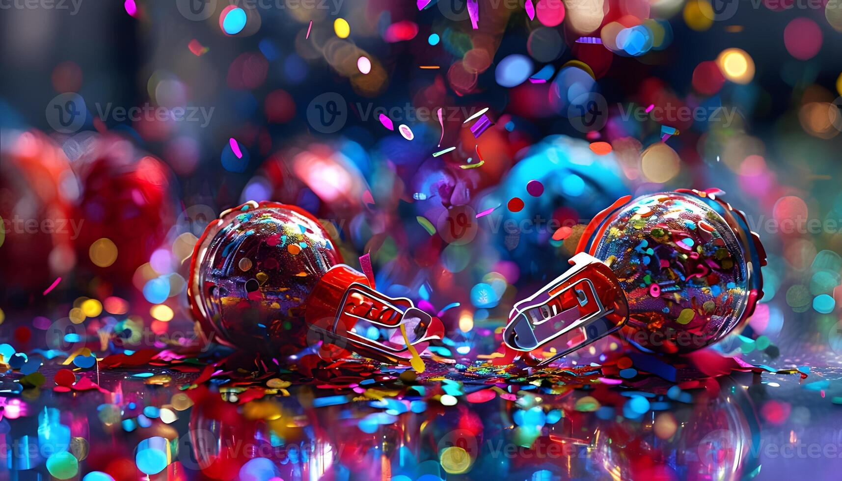A close up of two colorful christmas balls with confetti photo