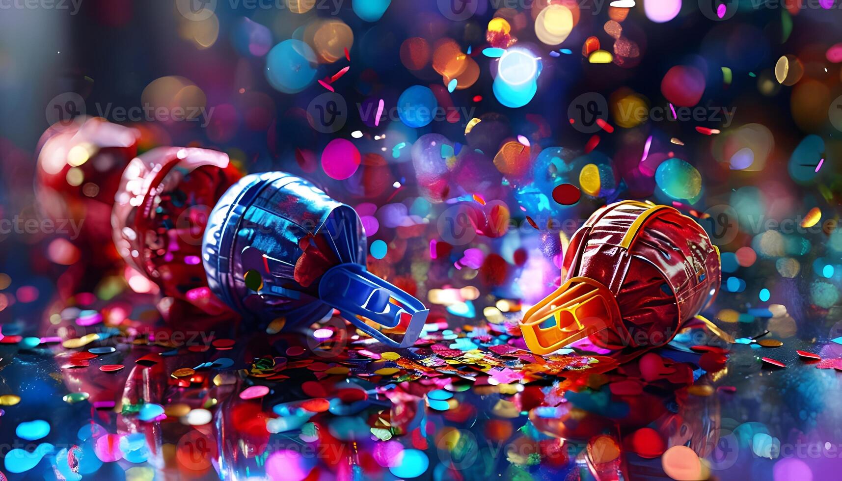 Colorful confetti and party balloons on a table photo