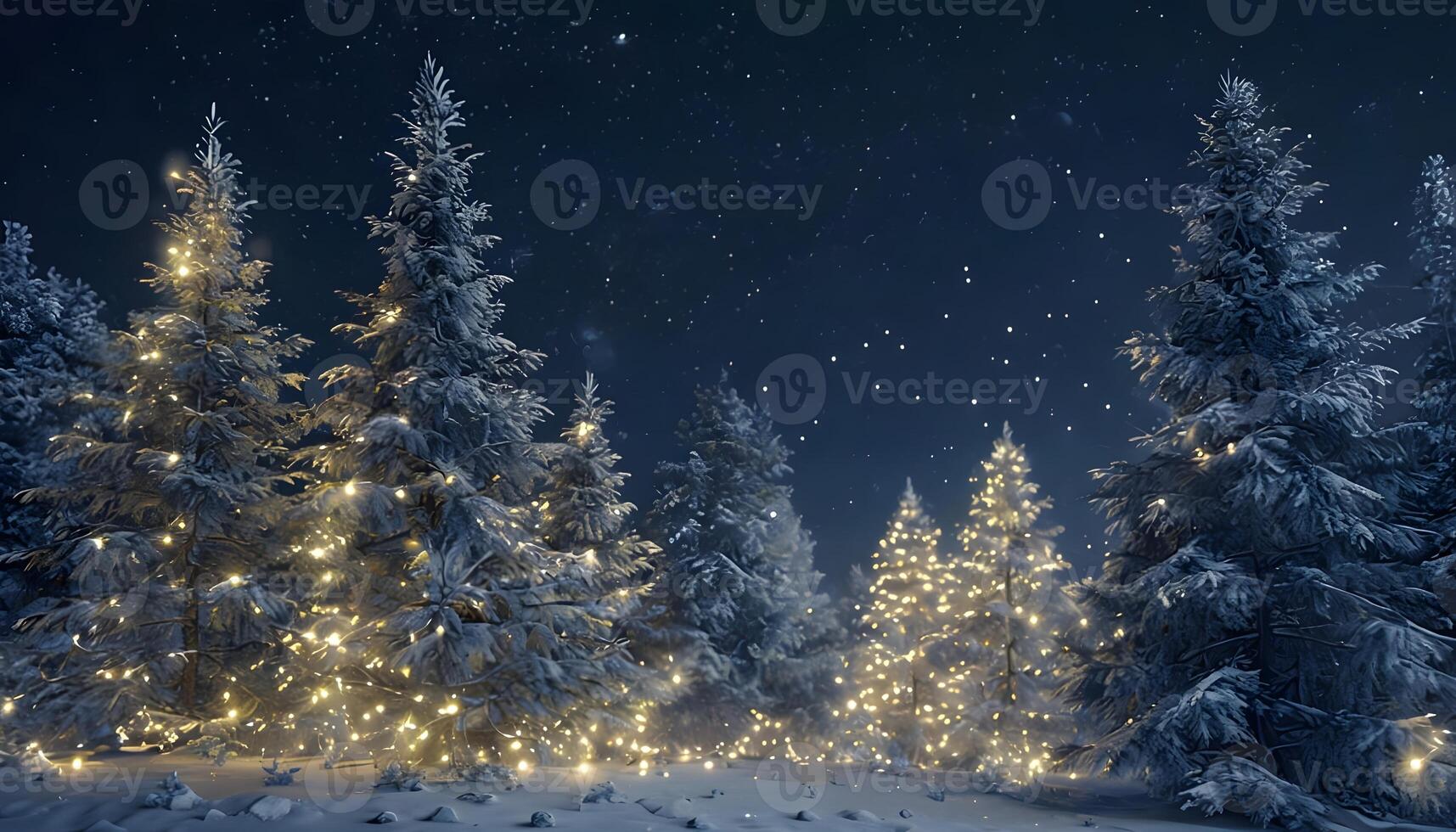 A snowy forest with trees covered in lights photo