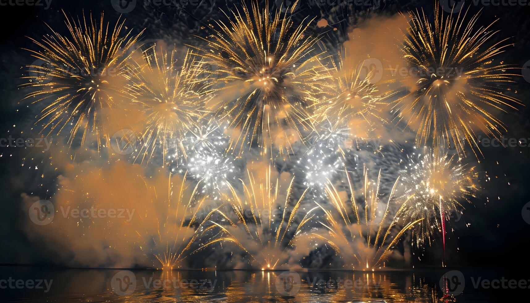 Fireworks over the water with a dark sky background photo