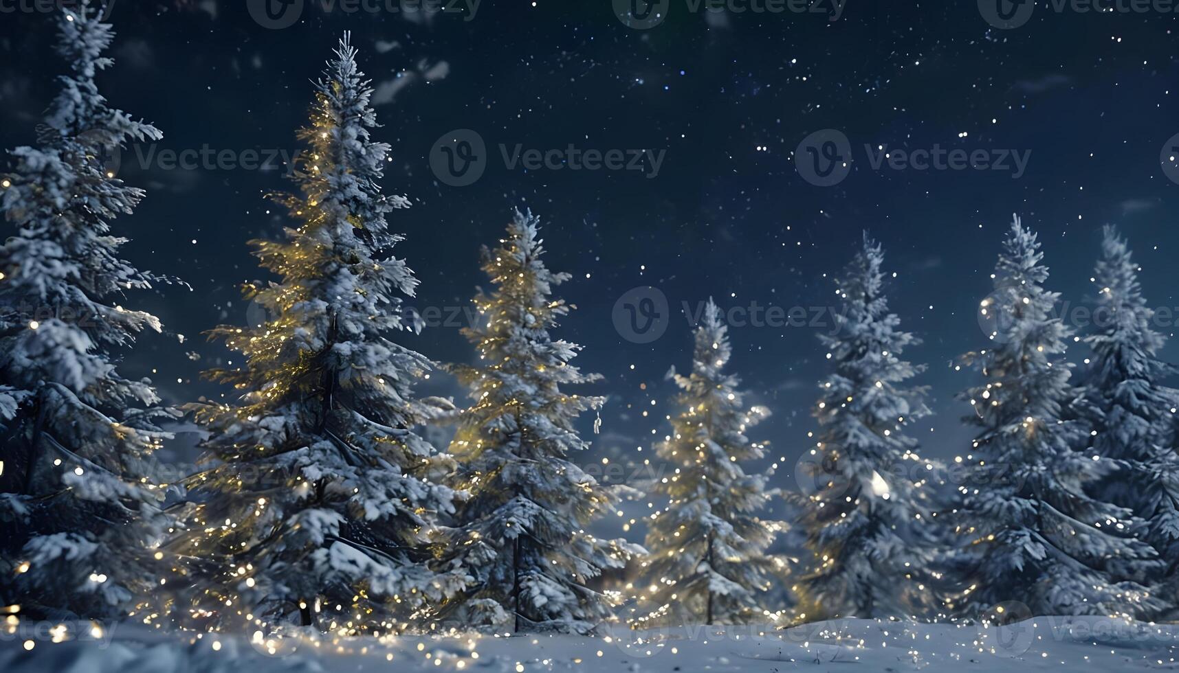 A snowy forest with trees and lights photo