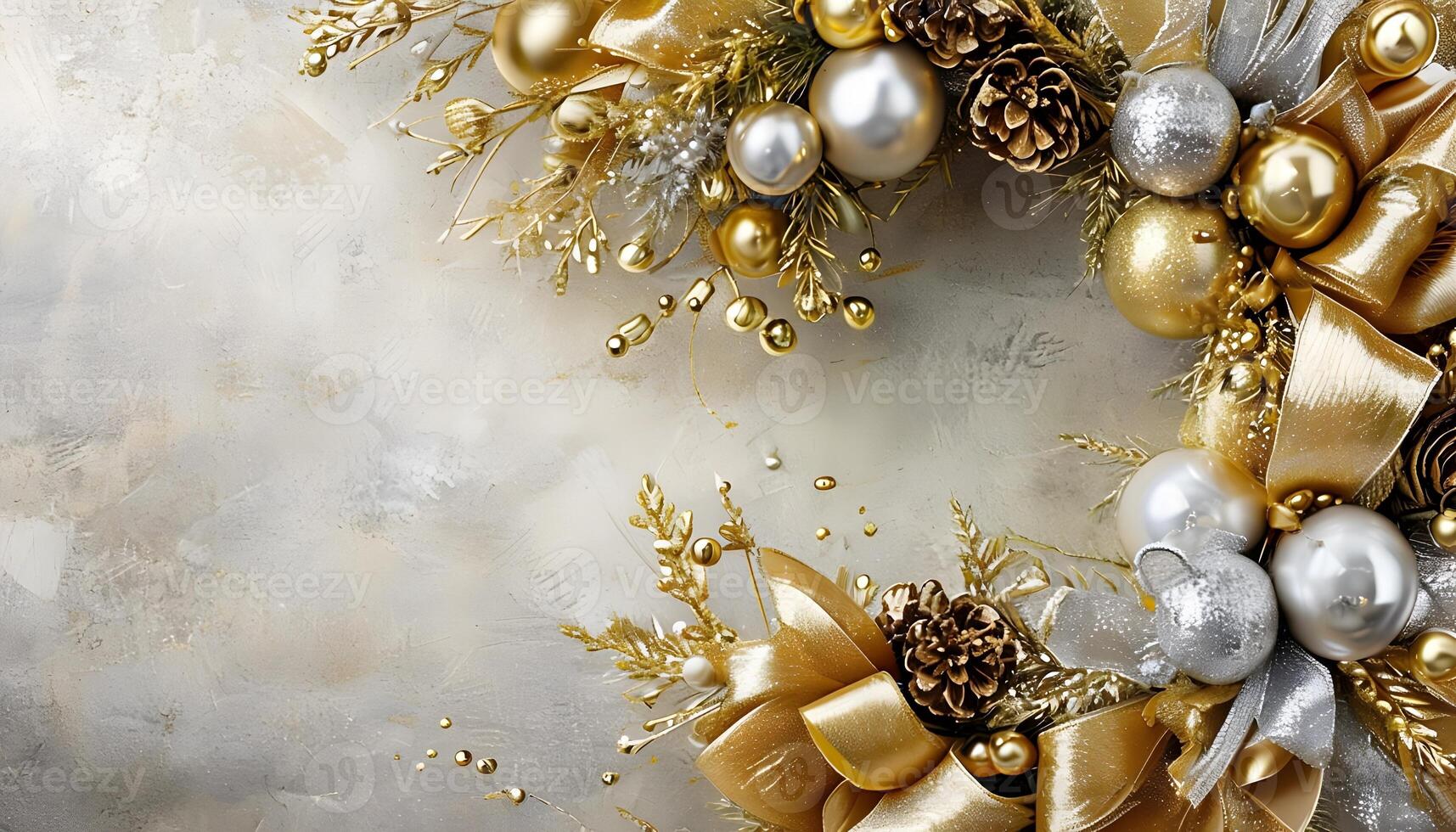 A wreath of gold and silver ornaments on a white background photo