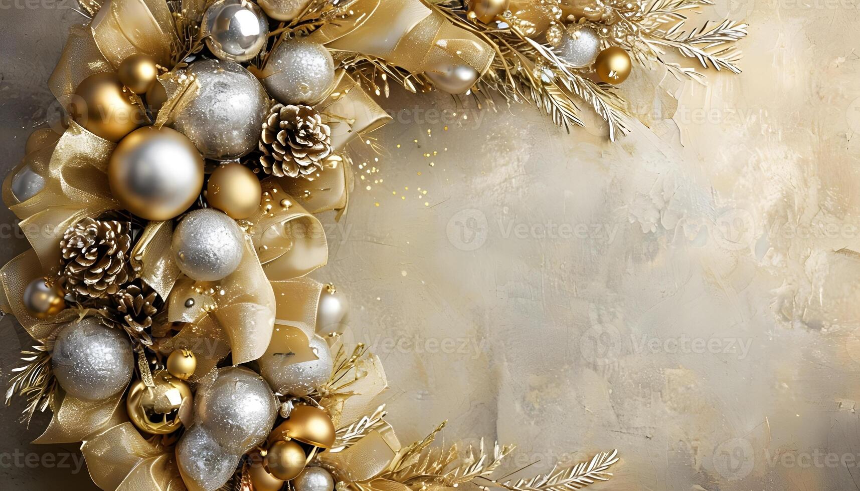 A wreath of gold and silver ornaments on a wall photo
