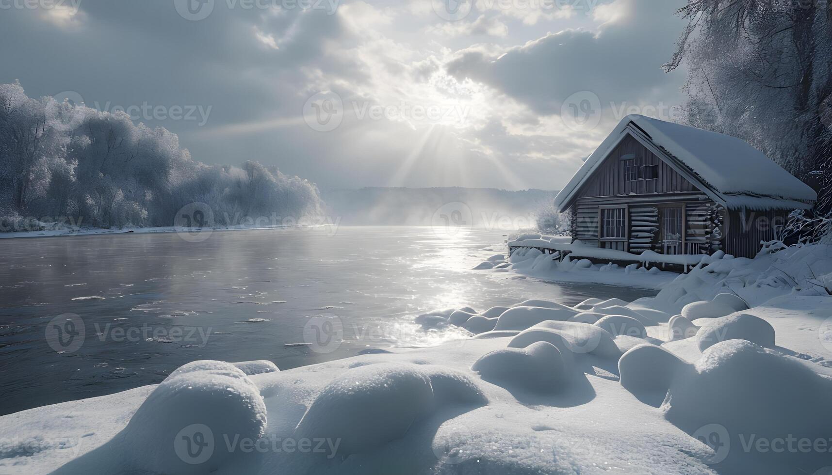 A snowy river with a house on the shore photo