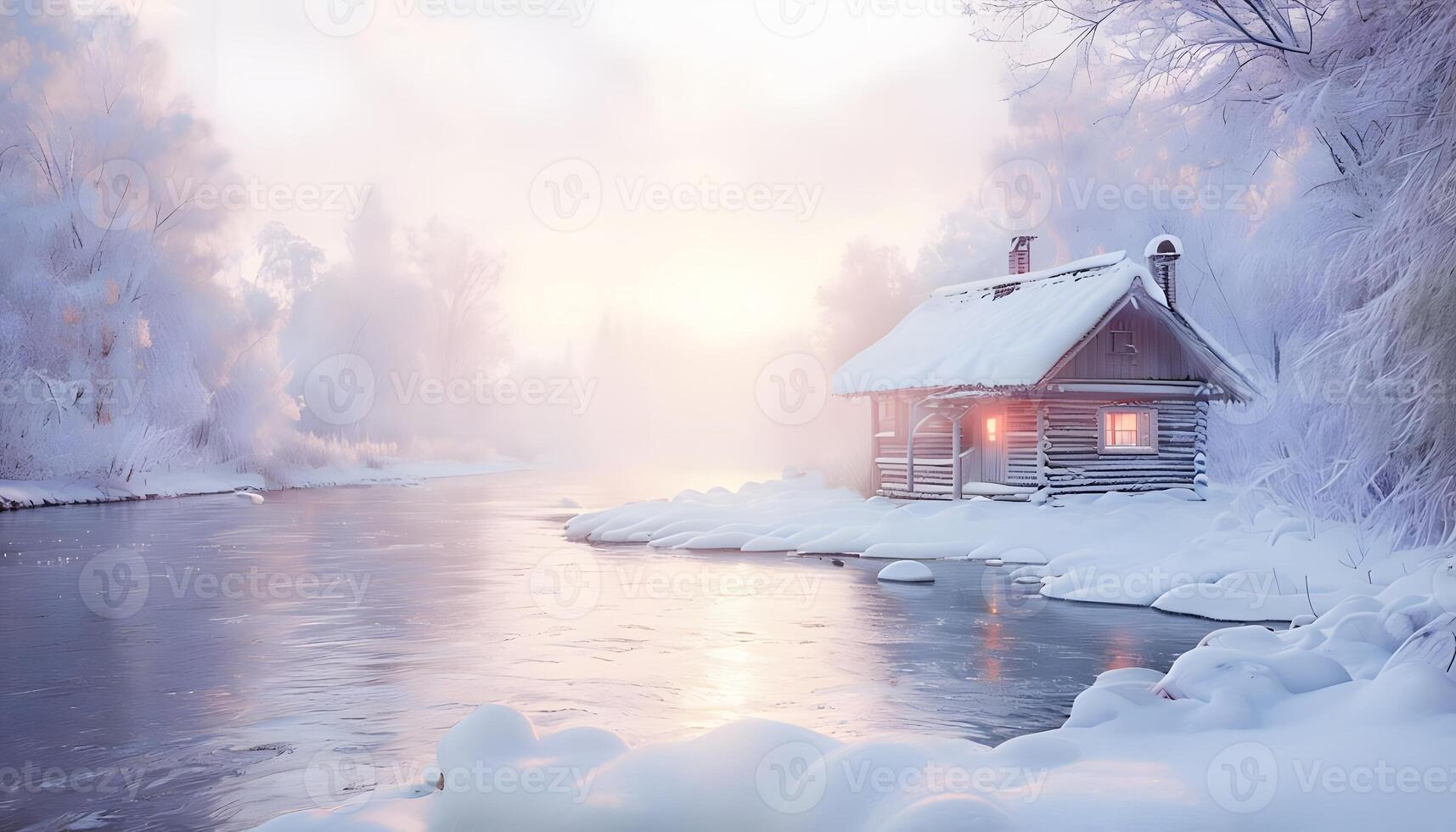 A small cabin is surrounded by snow and trees photo