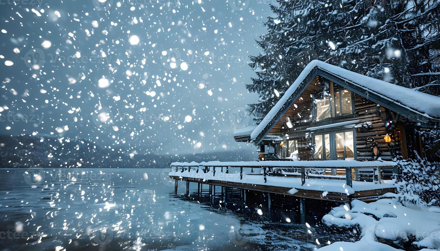 A cabin is surrounded by snow on a lake photo