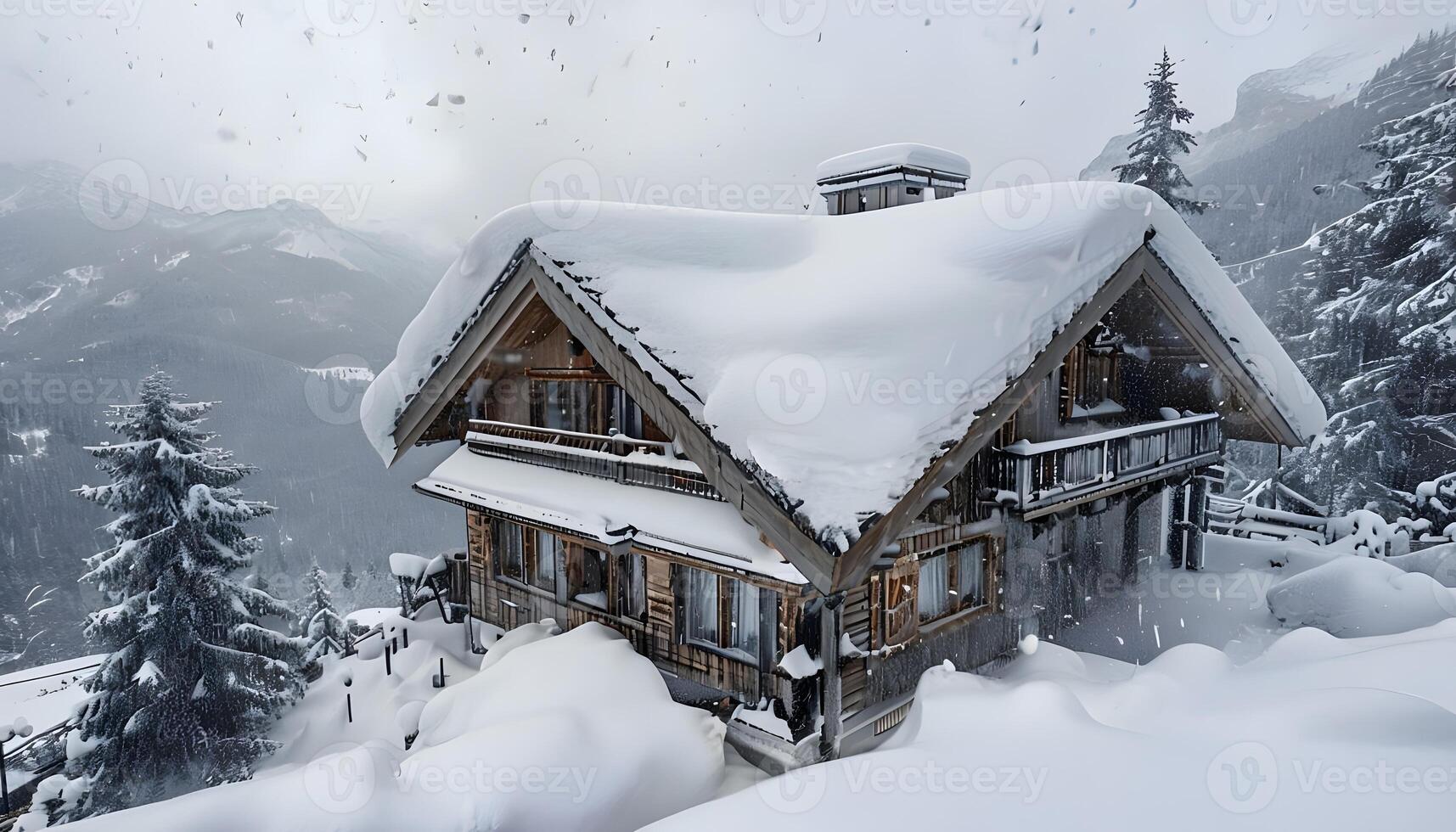 A house in the snow with a snowy mountain background photo